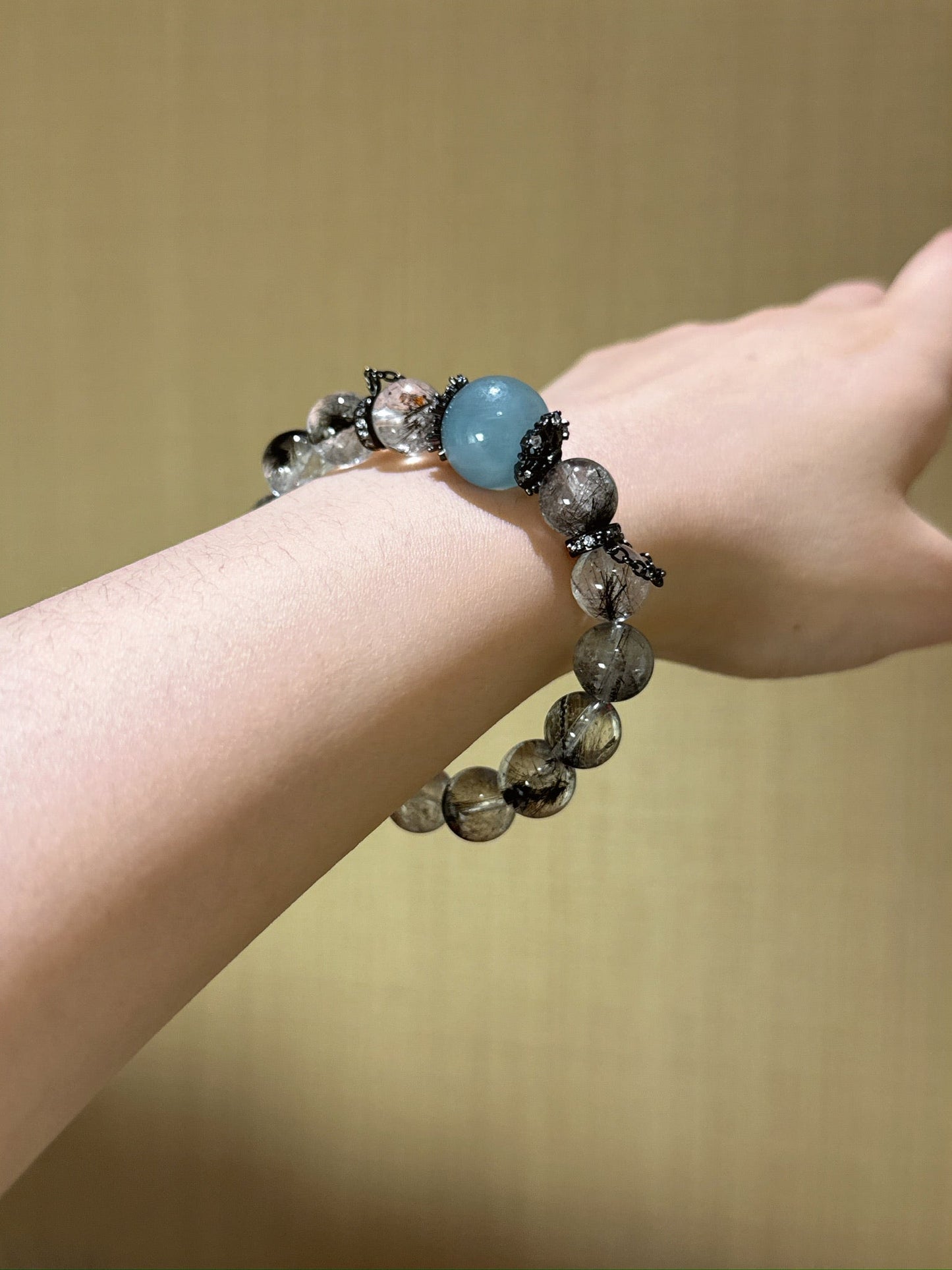 Black Rutilated Quartz with Aquamarine Crown Energy Bracelet