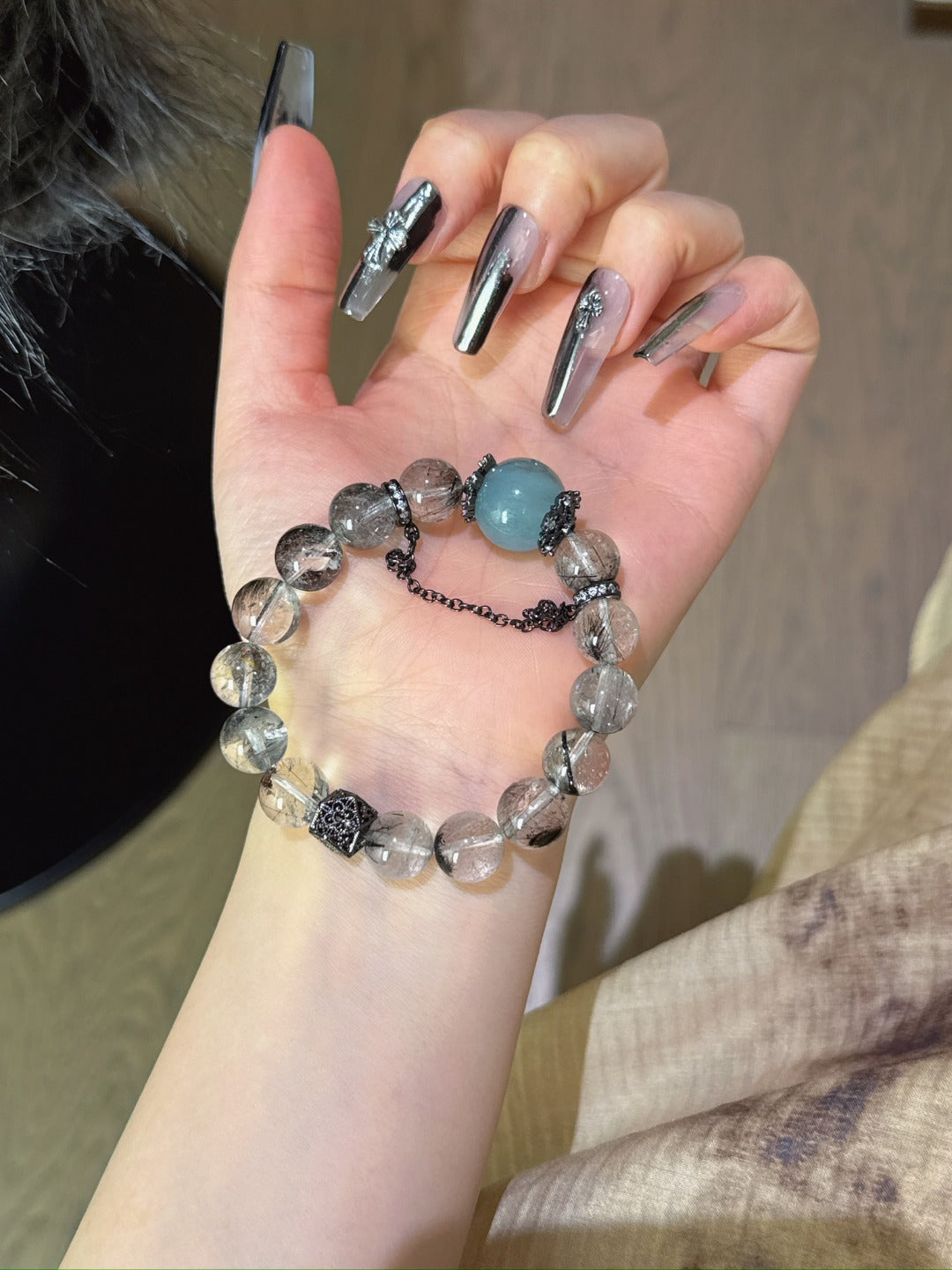 Black Rutilated Quartz with Aquamarine Crown Energy Bracelet
