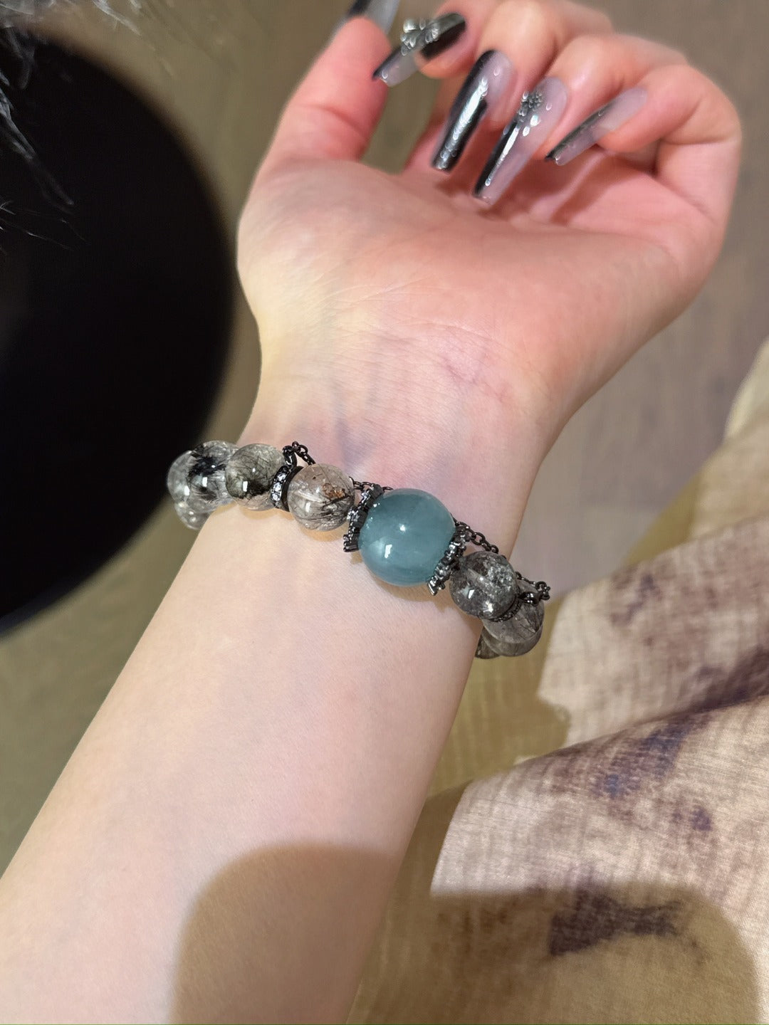 Black Rutilated Quartz with Aquamarine Crown Energy Bracelet
