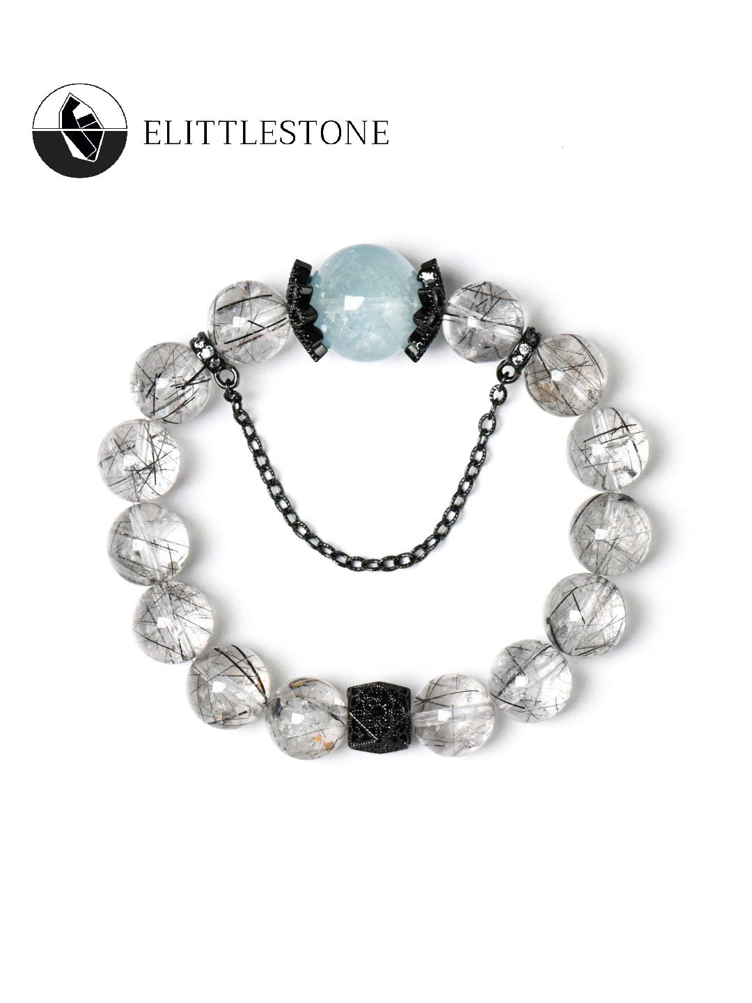 Black Rutilated Quartz with Aquamarine Crown Energy Bracelet