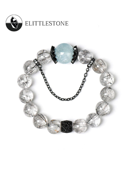 Black Rutilated Quartz with Aquamarine Crown Energy Bracelet